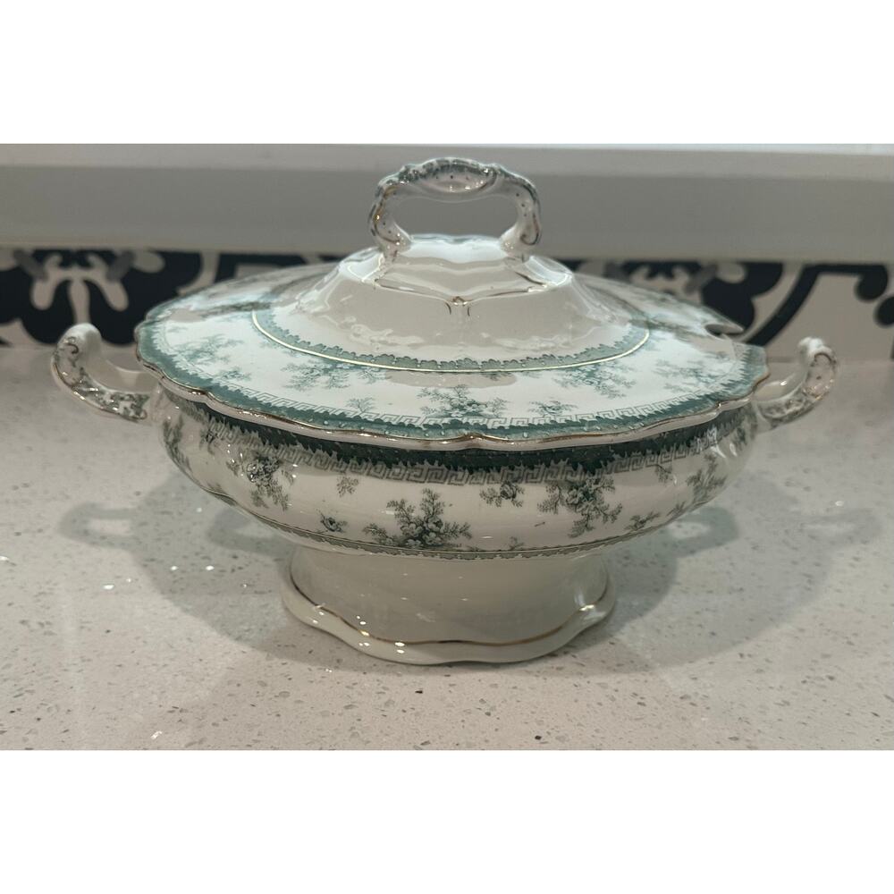 Antique Vintage John Maddock & Sons Hamilton Green Royal Vitreous Round Soup